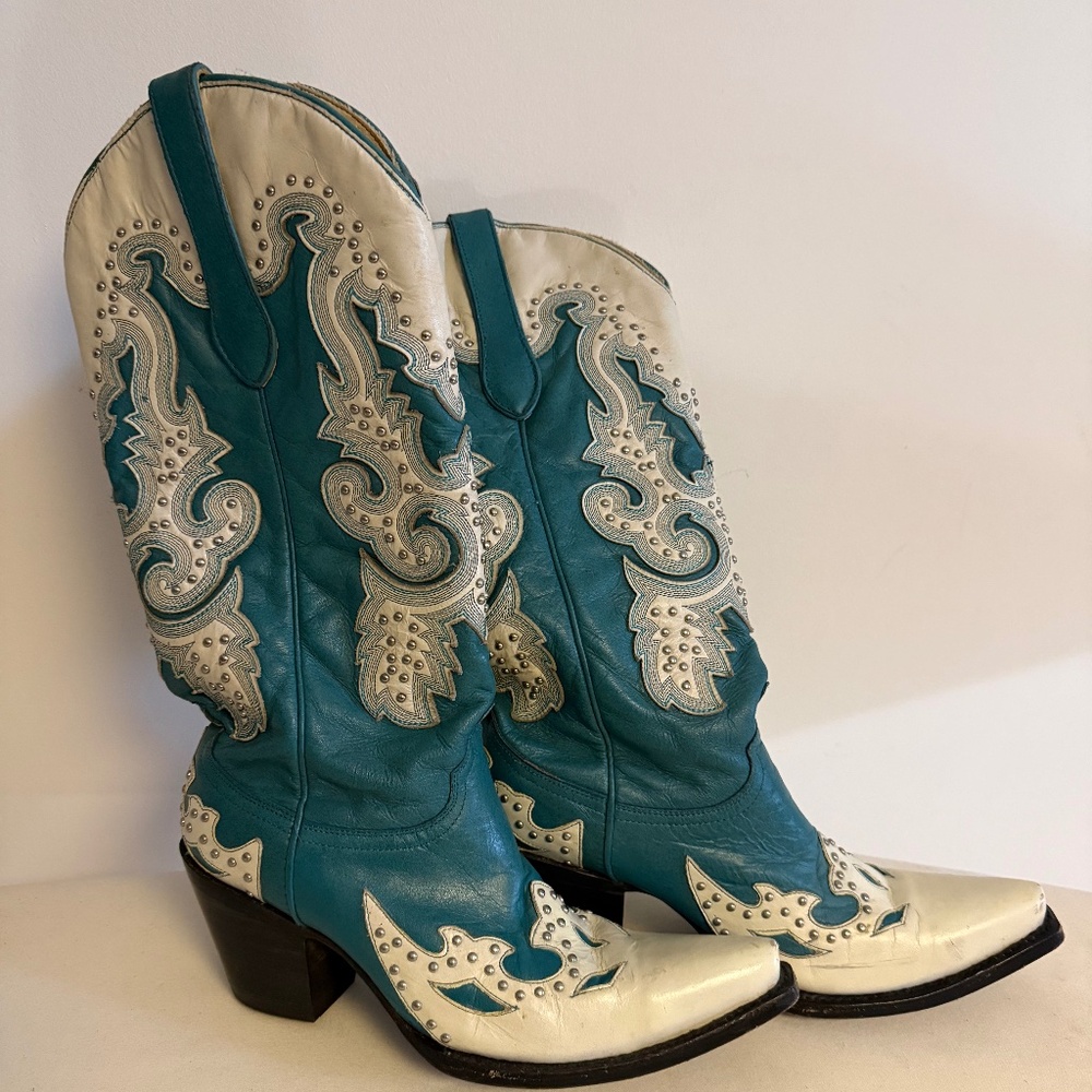 CORRAL WOMENS WESTERN BOOTS-SIZE 8.5 TURQUOISE BLUE & WHITE-USA MADE